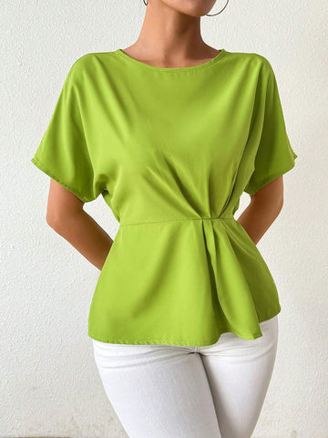 Privé Women's Solid Color Round Neck Short Sleeve Pleated Shirt, Casual & Vacation