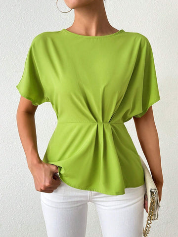 Privé Women's Solid Color Round Neck Short Sleeve Pleated Shirt, Casual & Vacation