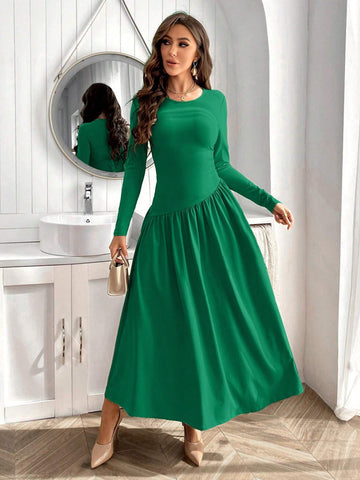 Women's Solid Color Round Neckline Waist Gathered Long Sleeve Dress