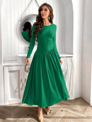 Women's Solid Color Round Neckline Waist Gathered Long Sleeve Dress
