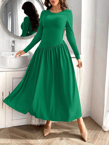 Women's Solid Color Round Neckline Waist Gathered Long Sleeve Dress