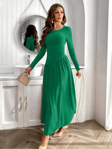 Women's Solid Color Round Neckline Waist Gathered Long Sleeve Dress