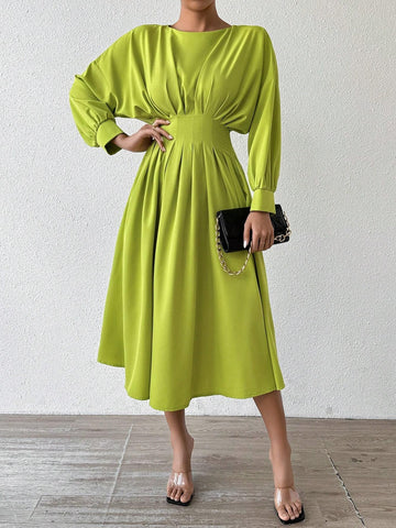 Women's Solid Color Ruched Batwing Sleeve Maxi Elegant Dress