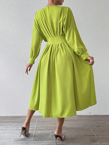 Women's Solid Color Ruched Batwing Sleeve Maxi Elegant Dress