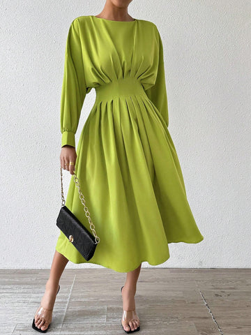 Women's Solid Color Ruched Batwing Sleeve Maxi Elegant Dress