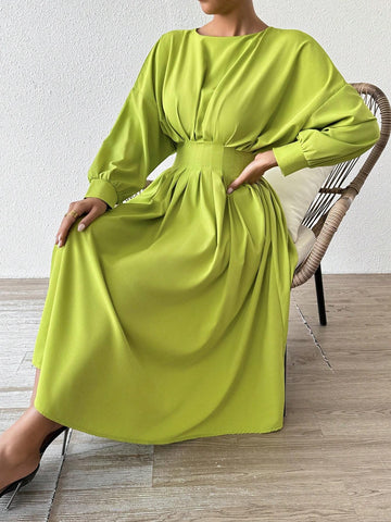 Women's Solid Color Ruched Batwing Sleeve Maxi Elegant Dress