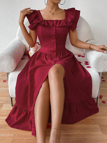 Women's Solid Color Ruffle Front Button Dress