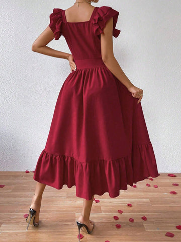 Women's Solid Color Ruffle Front Button Dress