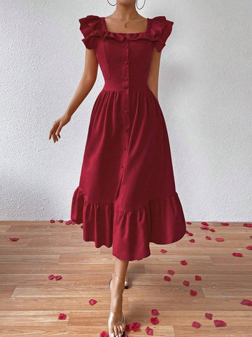 Women's Solid Color Ruffle Front Button Dress