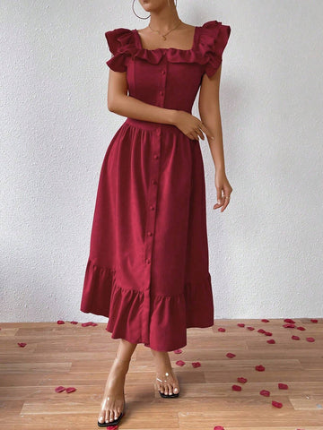 Women's Solid Color Ruffle Front Button Dress