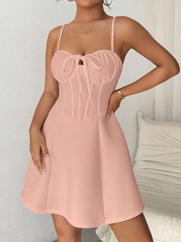 Women's Solid Color Ruffle Front Tie Casual Spaghetti Strap Dress, Summer