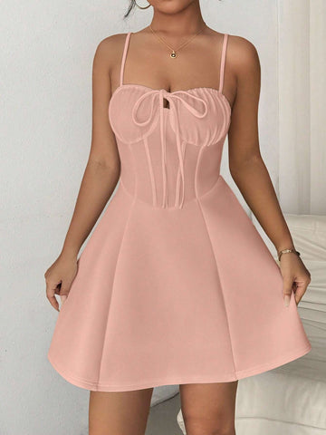 Women's Solid Color Ruffle Front Tie Casual Spaghetti Strap Dress, Summer