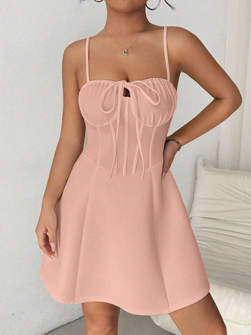Women's Solid Color Ruffle Front Tie Casual Spaghetti Strap Dress, Summer