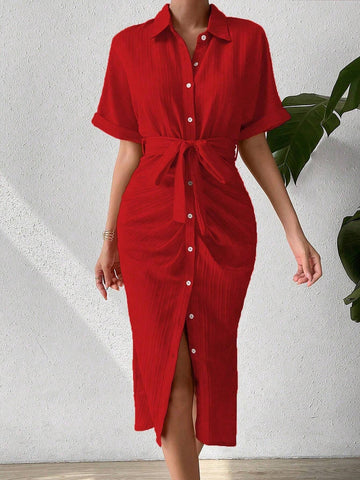 Women's Solid Color Short Sleeve Shirt Dress With Single-Breasted Button Front