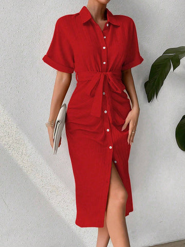 Women's Solid Color Short Sleeve Shirt Dress With Single-Breasted Button Front