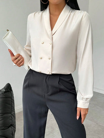 Privé Women's Solid Color Simple Daily Double-Breasted Blouse