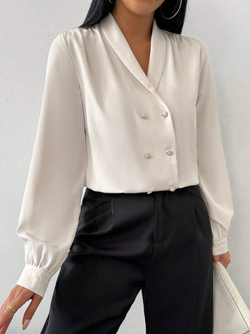 Privé Women's Solid Color Simple Daily Double-Breasted Blouse