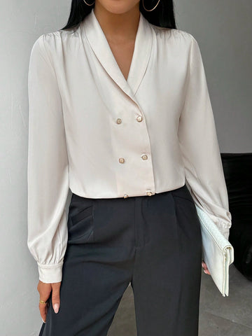 Privé Women's Solid Color Simple Daily Double-Breasted Blouse