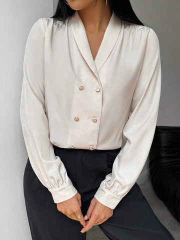 Privé Women's Solid Color Simple Daily Double-Breasted Blouse