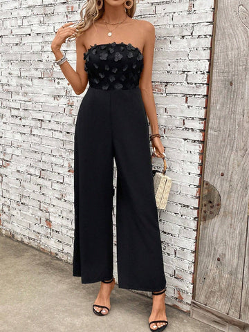 Women's Solid Color Simple Daily Wear Jumpsuit With 3D Flower Details