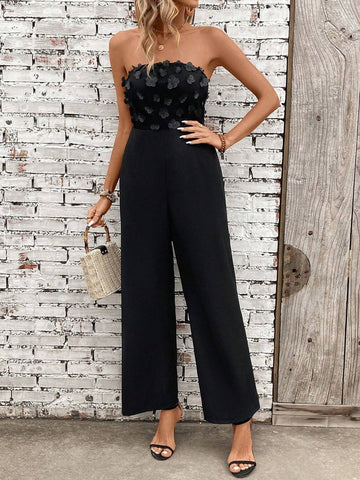 Women's Solid Color Simple Daily Wear Jumpsuit With 3D Flower Details