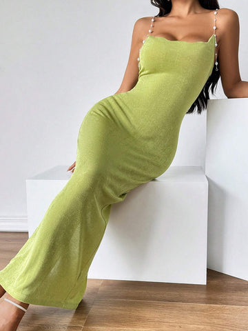 Women's Solid Color Simple Shoulder Strap Pearl Embellished Bodycon Dress. Green Knitted Dress,
