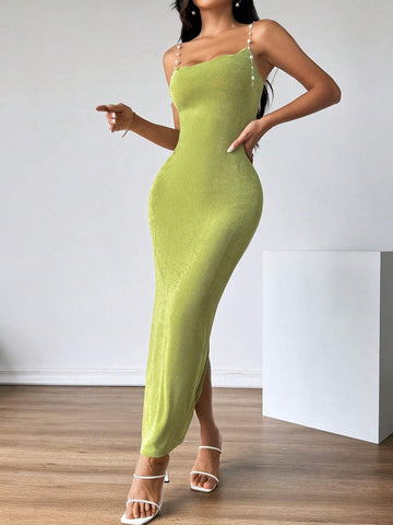Women's Solid Color Simple Shoulder Strap Pearl Embellished Bodycon Dress. Green Knitted Dress,