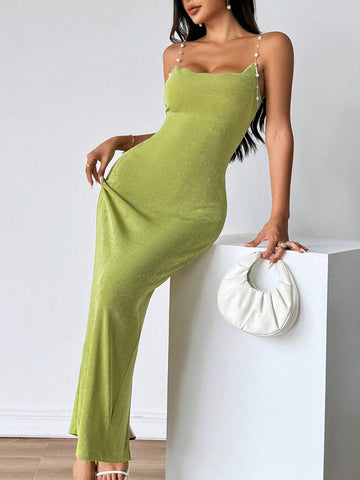 Women's Solid Color Simple Shoulder Strap Pearl Embellished Bodycon Dress. Green Knitted Dress,