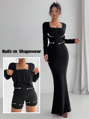 Women's Solid Color Square Neck Long Sleeve Slim Elegant Dress, Spring Autumn