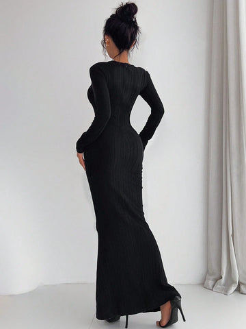 Women's Solid Color Square Neck Long Sleeve Slim Elegant Dress, Spring Autumn