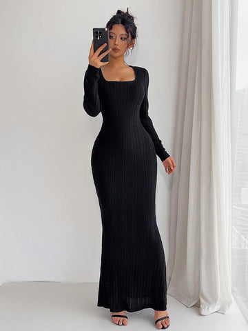 Women's Solid Color Square Neck Long Sleeve Slim Elegant Dress, Spring Autumn