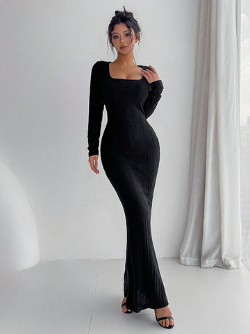 Women's Solid Color Square Neck Long Sleeve Slim Elegant Dress, Spring Autumn