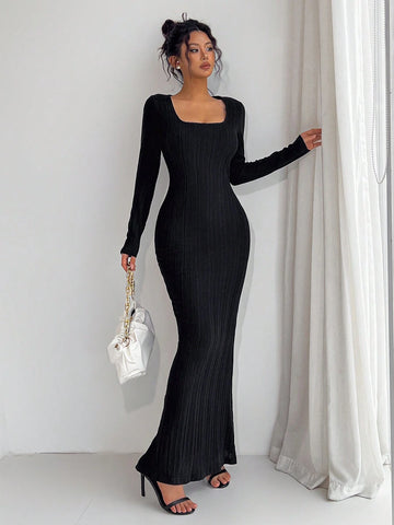 Women's Solid Color Square Neck Long Sleeve Slim Elegant Dress, Spring Autumn