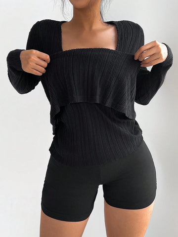 Women's Solid Color Square Neck Long Sleeve Slim Elegant Dress, Spring Autumn