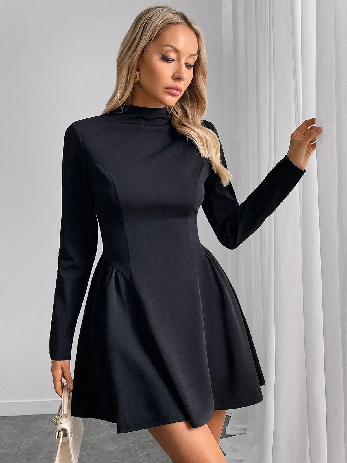 Women's Solid Color Stand Collar Ruffle Hem AZ Graphic Waisted Elegant Long Sleeve Casual Mini