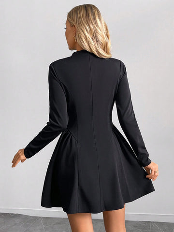 Women's Solid Color Stand Collar Ruffle Hem AZ Graphic Waisted Elegant Long Sleeve Casual Mini