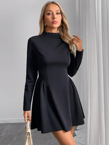 Women's Solid Color Stand Collar Ruffle Hem AZ Graphic Waisted Elegant Long Sleeve Casual Mini