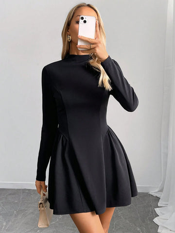 Women's Solid Color Stand Collar Ruffle Hem AZ Graphic Waisted Elegant Long Sleeve Casual Mini