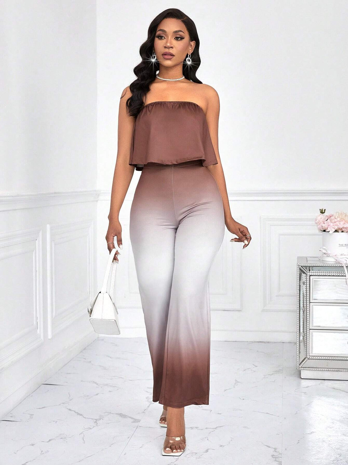 Women's Solid Color Strapless Top And Gradient Pants 2 Piece Set