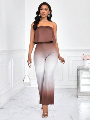 Women's Solid Color Strapless Top And Gradient Pants 2 Piece Set