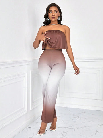 Women's Solid Color Strapless Top And Gradient Pants 2 Piece Set