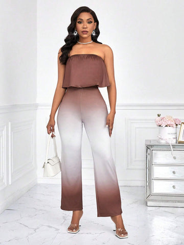 Women's Solid Color Strapless Top And Gradient Pants 2 Piece Set