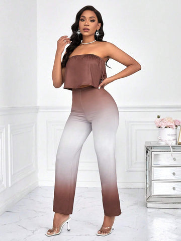 Women's Solid Color Strapless Top And Gradient Pants 2 Piece Set