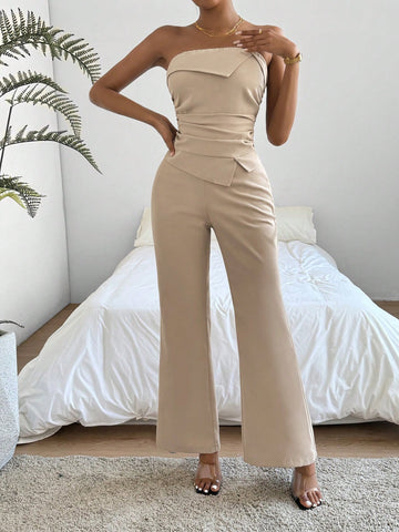Women's Solid Color Strapless Top And Wide Leg Pants Set