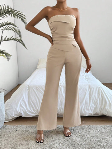 Women's Solid Color Strapless Top And Wide Leg Pants Set