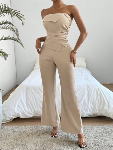 Women's Solid Color Strapless Top And Wide Leg Pants Set