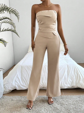 Women's Solid Color Strapless Top And Wide Leg Pants Set