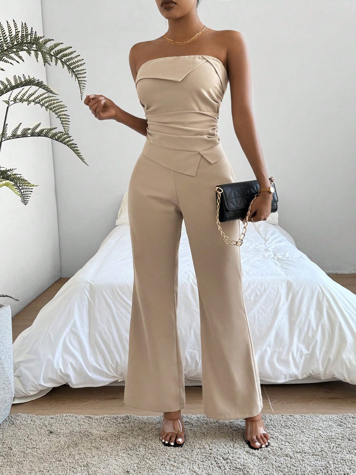 Women's Solid Color Strapless Top And Wide Leg Pants Set
