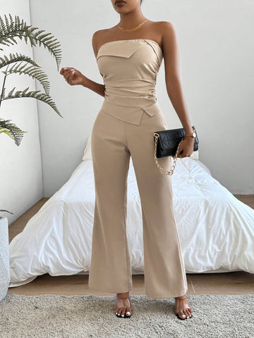 Women's Solid Color Strapless Top And Wide Leg Pants Set