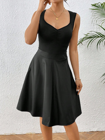 Women's Solid Color Sweetheart Neck Style French Sleeveless Dress